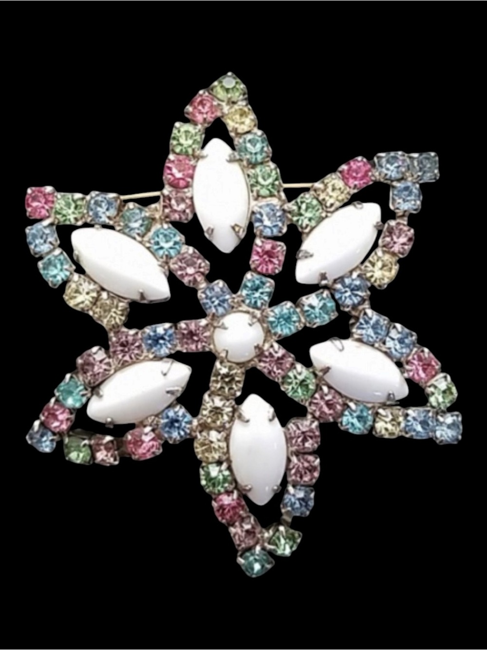 Vintage Milk Glass Pastel Rhinestone Starfish Brooch